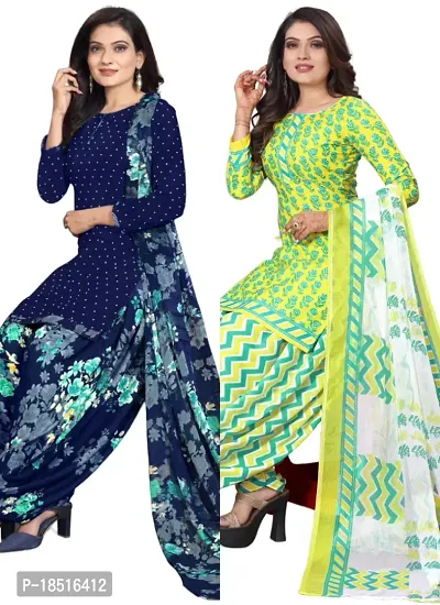 Navy Blue  Yellow Crepe Printed Dress Material with Dupatta For Women (Combo pack of 2)