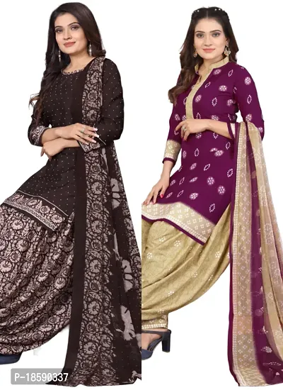 Brown  Purple Crepe Printed Dress Material with Dupatta For Women (Combo pack of 2)-thumb0