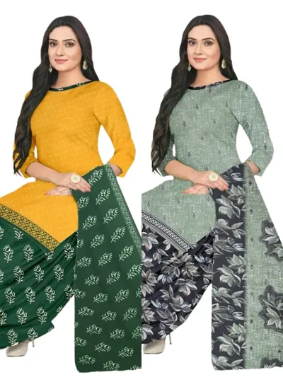 Stylish Cotton Blend Printed Unstitched Suits - Pack Of 2