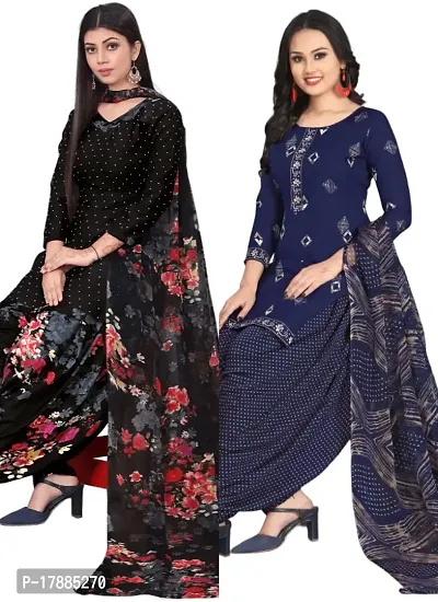 Black  Navy Blue Crepe Printed Dress Material with Dupatta For Women (Combo pack of 2)-thumb0