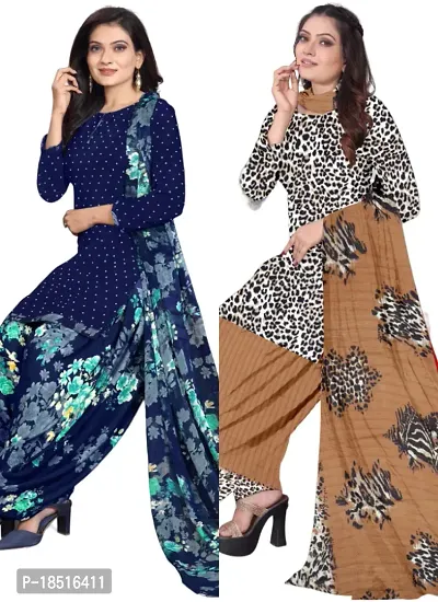 Navy Blue  White Crepe Printed Dress Material with Dupatta For Women (Combo pack of 2)