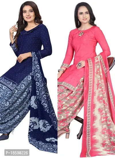 Navy Blue  Pink Crepe Printed Dress Material with Dupatta For Women (Combo pack of 2)-thumb0