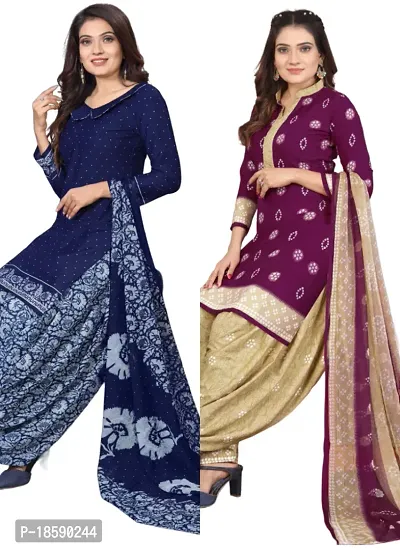 Navy Blue  Purple Crepe Printed Dress Material with Dupatta For Women (Combo pack of 2)