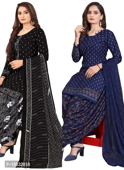 Black  Navy Blue Crepe Printed Dress Material with Dupatta For Women (Combo pack of 2)-thumb0