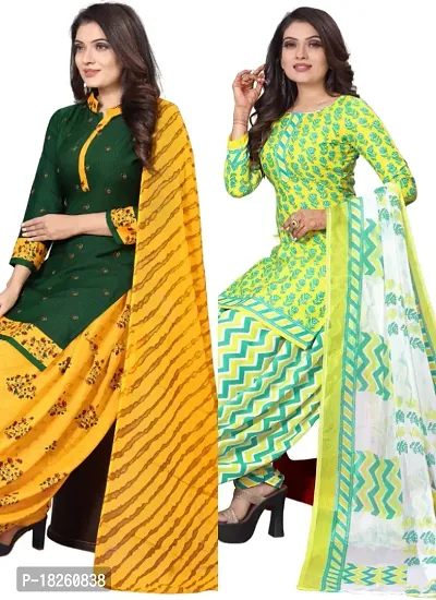 Green  Yellow Crepe Printed Dress Material with Dupatta For Women (Combo pack of 2)-thumb0