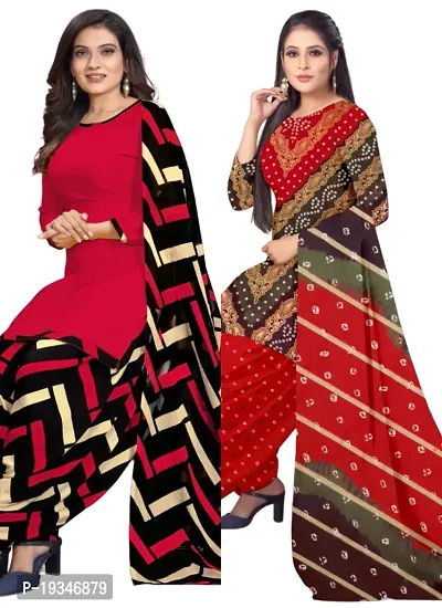 Red  Multicolor Crepe Printed Dress Material with Dupatta For Women (Combo pack of 2)