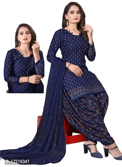 Elegant Navy Blue Crepe Printed Dress Material with Dupatta For Women-thumb0