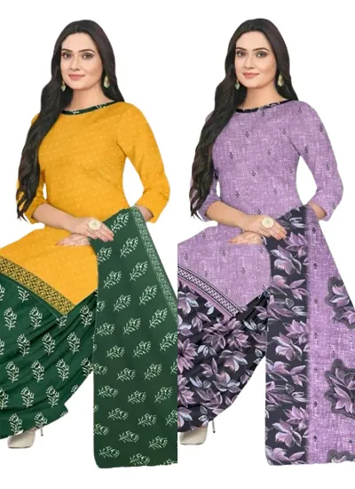 Stylish Cotton Blend Printed Unstitched Suits - Pack Of 2