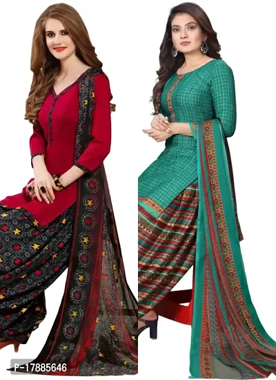 Red  Turquoise Crepe Printed Dress Material with Dupatta For Women (Combo pack of 2)-thumb0