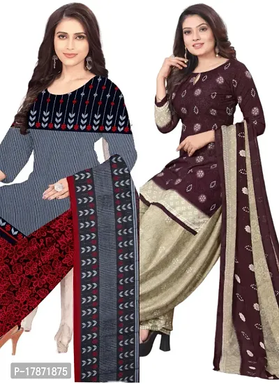 Grey  Wine Crepe Printed Dress Material with Dupatta For Women (Combo pack of 2)-thumb0