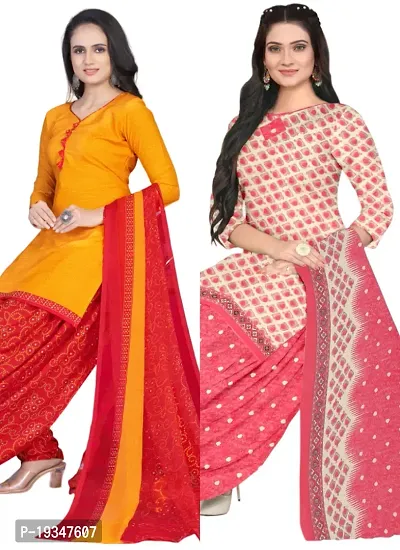 Yellow  Pink Crepe Printed Dress Material with Dupatta For Women (Combo pack of 2)-thumb0