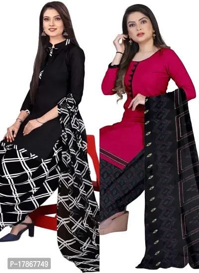 Black  Pink Crepe Printed Dress Material with Dupatta For Women (Combo pack of 2)