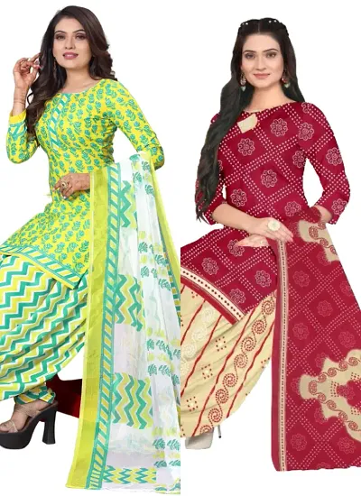 Stylish Cotton Blend Printed Unstitched Suits - Pack of 2