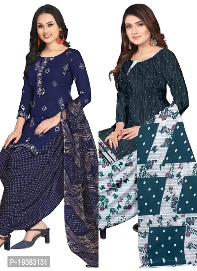 Navy Blue  Multicolor Crepe Printed Dress Material with Dupatta For Women (Combo pack of 2)-thumb0