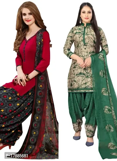 Red  Beige Crepe Printed Dress Material with Dupatta For Women (Combo pack of 2)