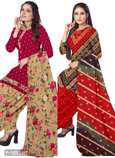 Red  Multicolor Crepe Printed Dress Material with Dupatta For Women (Combo pack of 2)