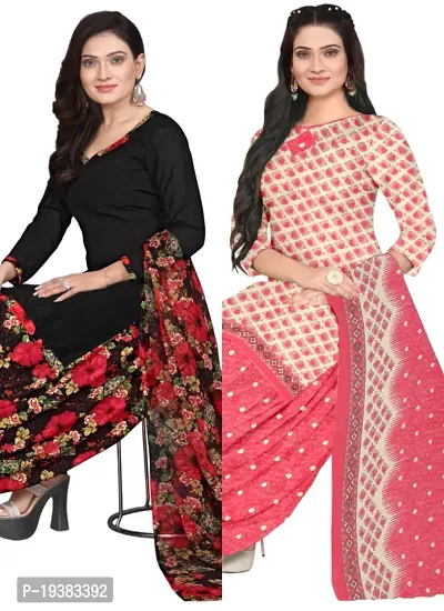 Black  Pink Crepe Printed Dress Material with Dupatta For Women (Combo pack of 2)-thumb0