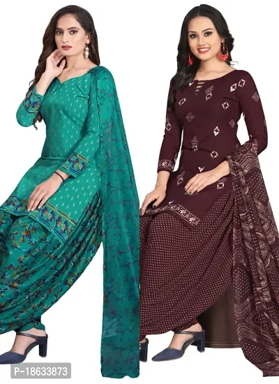 Teal  Wine Crepe Printed Dress Material with Dupatta For Women (Combo pack of 2)-thumb0