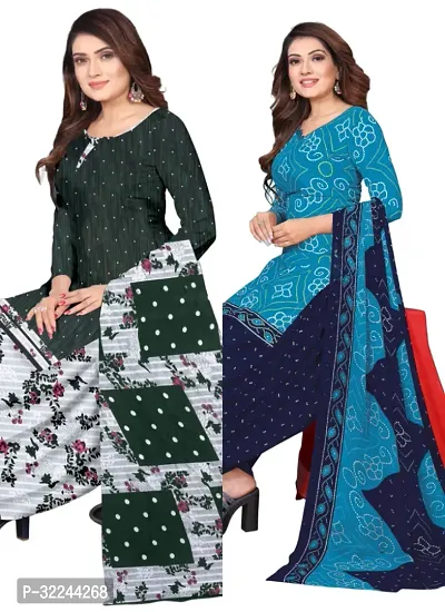 Elegant Multicoloured Cotton Printed Dress Material with Dupatta For Women - Pack of 2