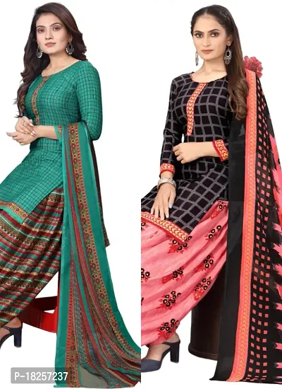 Turquoise  Black Crepe Printed Dress Material with Dupatta For Women (Combo pack of 2)