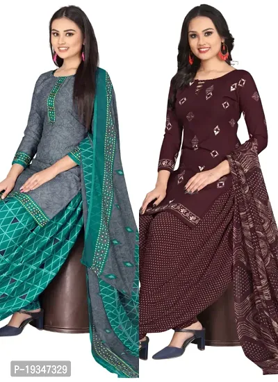 Grey  Wine Crepe Printed Dress Material with Dupatta For Women (Combo pack of 2)