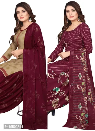 Beige  Maroon Crepe Printed Dress Material with Dupatta For Women (Combo pack of 2)