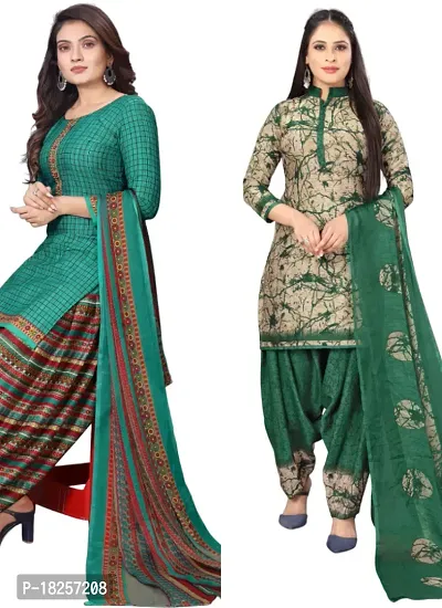 Turquoise  Beige Crepe Printed Dress Material with Dupatta For Women (Combo pack of 2)