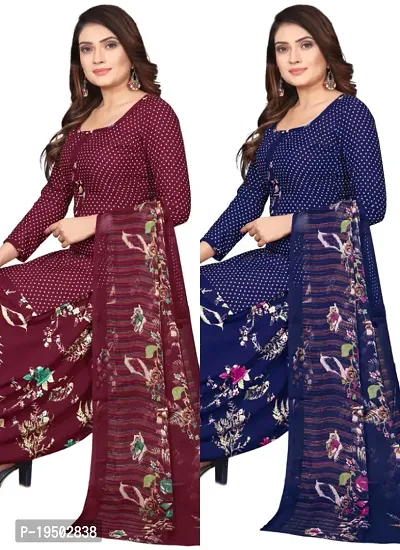 Maroon  Navy Blue Crepe Printed Dress Material with Dupatta For Women (Combo pack of 2)-thumb0