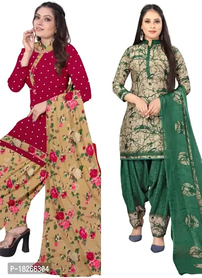 Red  Beige Crepe Printed Dress Material with Dupatta For Women (Combo pack of 2)
