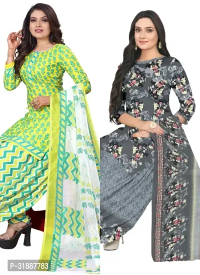 Elegant Multicoloured Cotton Printed Dress Material with Dupatta For Women (Combo Pack of 2)-thumb0