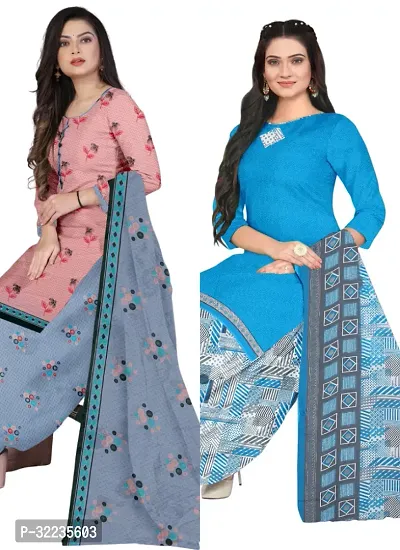 Elegant Multicoloured Cotton Printed Dress Material with Dupatta For Women (Combo Pack of 2)-thumb0