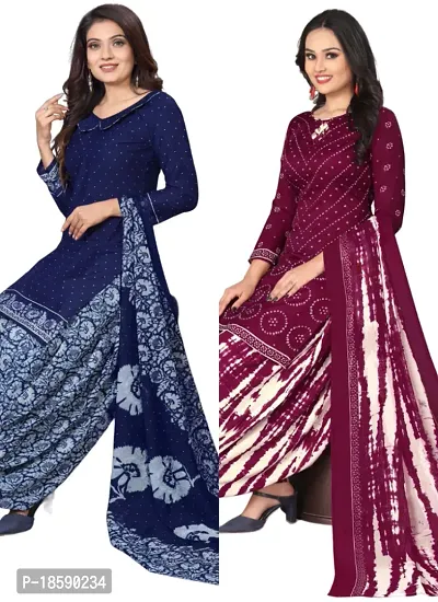 Navy Blue  Maroon Crepe Printed Dress Material with Dupatta For Women (Combo pack of 2)