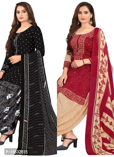 Black  Red Crepe Printed Dress Material with Dupatta For Women (Combo pack of 2)