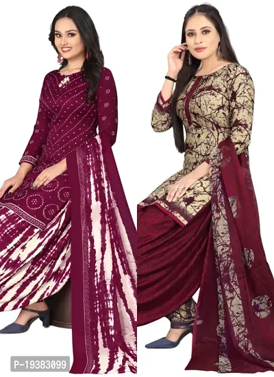 Maroon  Beige Crepe Printed Dress Material with Dupatta For Women (Combo pack of 2)