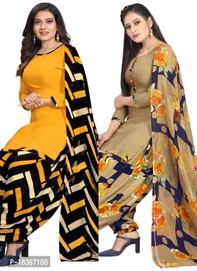 Yellow  Beige Crepe Printed Dress Material with Dupatta For Women (Combo pack of 2)