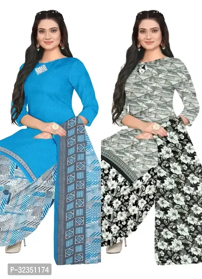 Elegant Multicoloured Cotton Printed Dress Material with Dupatta For Women (Combo Pack of 2)-thumb0