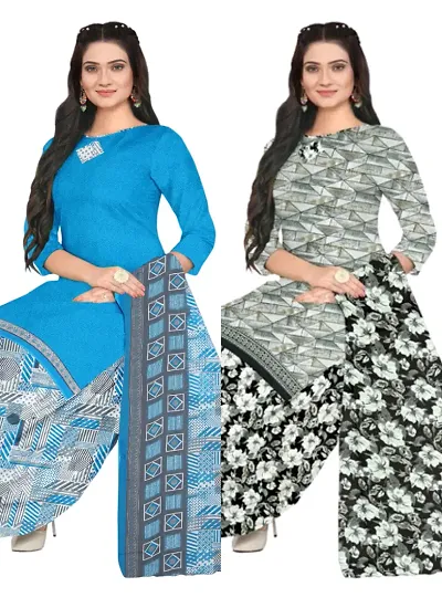 Stylish Cotton Blend Printed Unstitched Suits - Pack Of 2