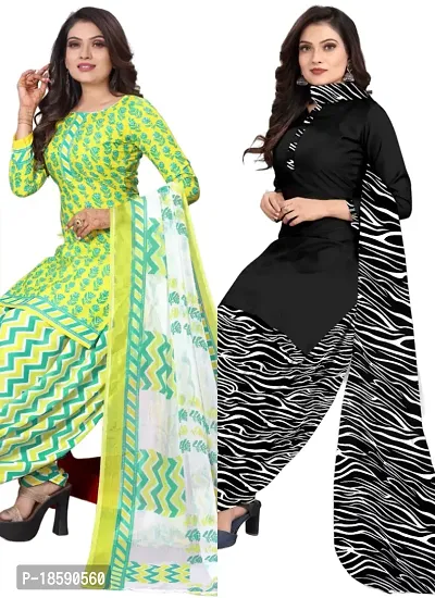 Yellow  Black Crepe Printed Dress Material with Dupatta For Women (Combo pack of 2)-thumb0