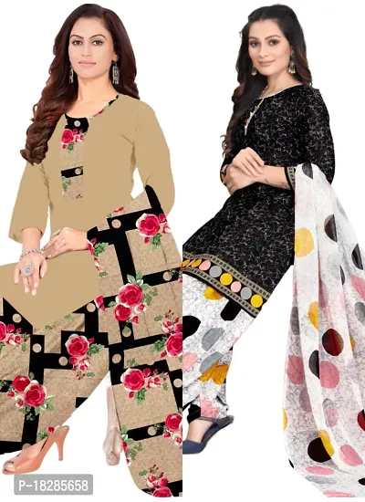 Beige  Black Crepe Printed Dress Material with Dupatta For Women (Combo pack of 2)-thumb0