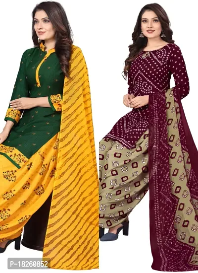 Green  Maroon Crepe Printed Dress Material with Dupatta For Women (Combo pack of 2)