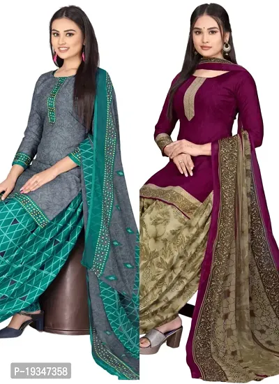 Grey  Wine Crepe Printed Dress Material with Dupatta For Women (Combo pack of 2)