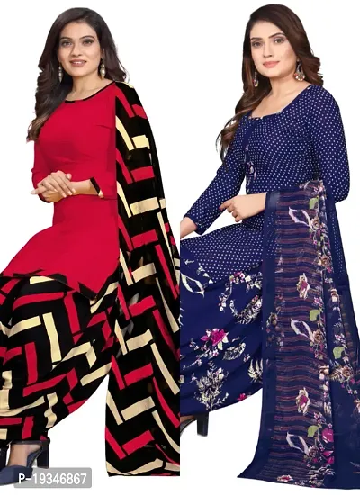 Red  Navy Blue Crepe Printed Dress Material with Dupatta For Women (Combo pack of 2)