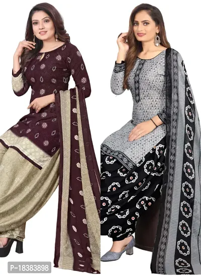 Wine  Grey Crepe Printed Dress Material with Dupatta For Women (Combo pack of 2)