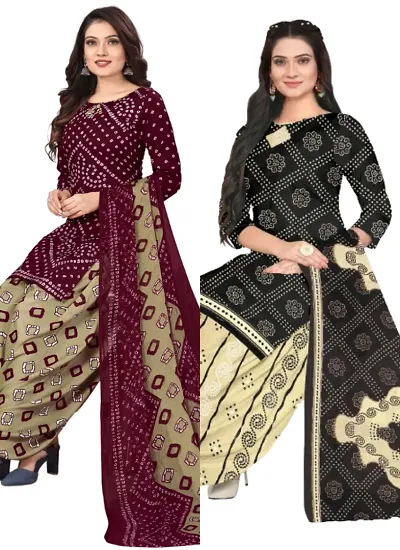 Stylish Cotton Blend Printed Unstitched Suits - Pack Of 2