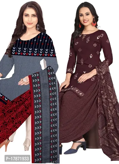 Grey  Wine Crepe Printed Dress Material with Dupatta For Women (Combo pack of 2)