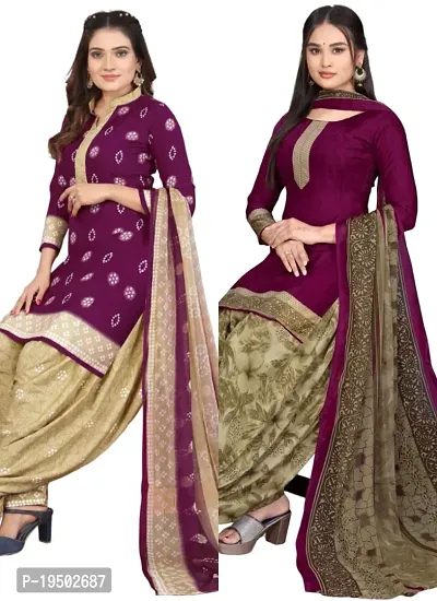 Purple  Wine Crepe Printed Dress Material with Dupatta For Women (Combo pack of 2)-thumb0