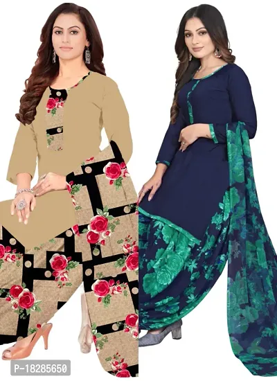 Beige  Blue Crepe Printed Dress Material with Dupatta For Women (Combo pack of 2)