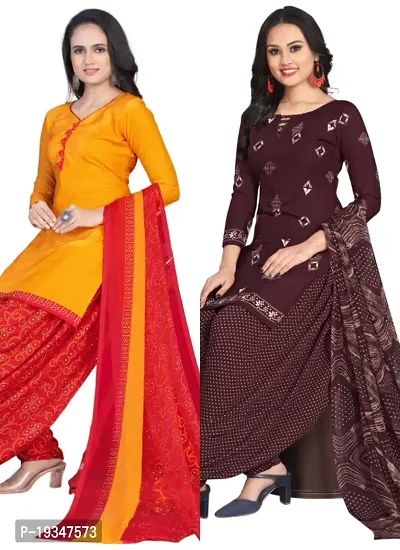 Yellow  Wine Crepe Printed Dress Material with Dupatta For Women (Combo pack of 2)