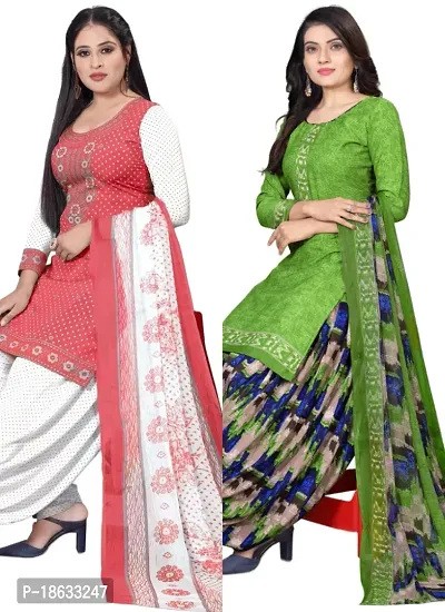 Pink  Green Crepe Printed Dress Material with Dupatta For Women (Combo pack of 2)