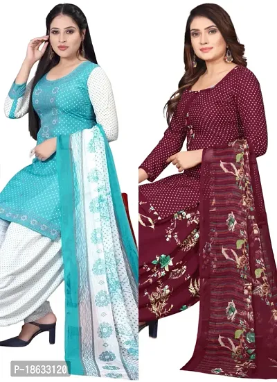 Sea Green  Maroon Crepe Printed Dress Material with Dupatta For Women (Combo pack of 2)-thumb0